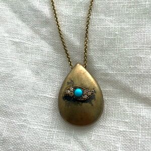 Gold Vintage teardrop necklace with crystal and turquoise. Distressed!